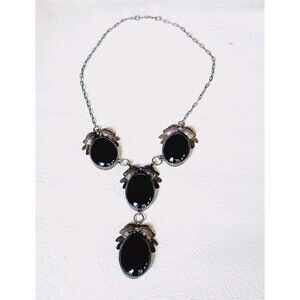 Navajo NS Onyx Necklace Handcrafted Sterling Silver Hand Made Squash Blossom